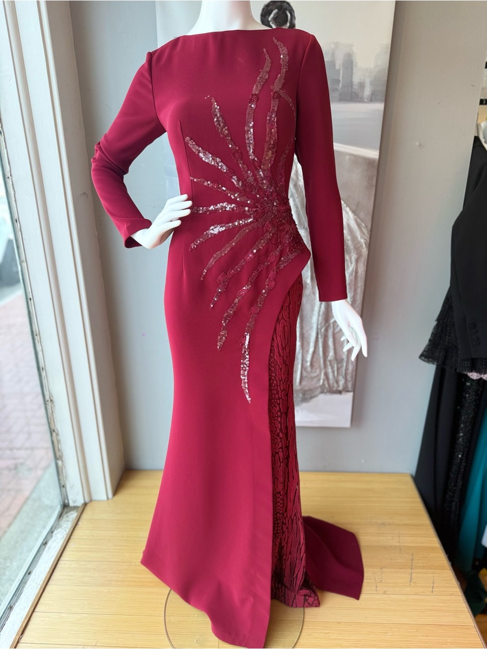 MNM Couture Wine Red Long Sleeve Sequin Gown